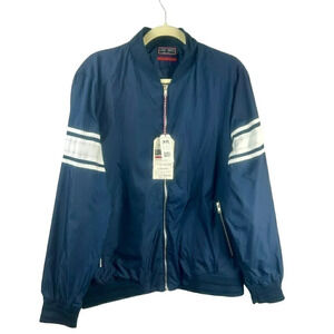 NEW Lon NYC Bomber Jacket Men Large Zipper Pockets Stripes Navy Blue White